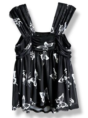 🦋🖤 Free Kisses Black Butterfly Print Babydoll Top Size 1X Soft Stretch like new!